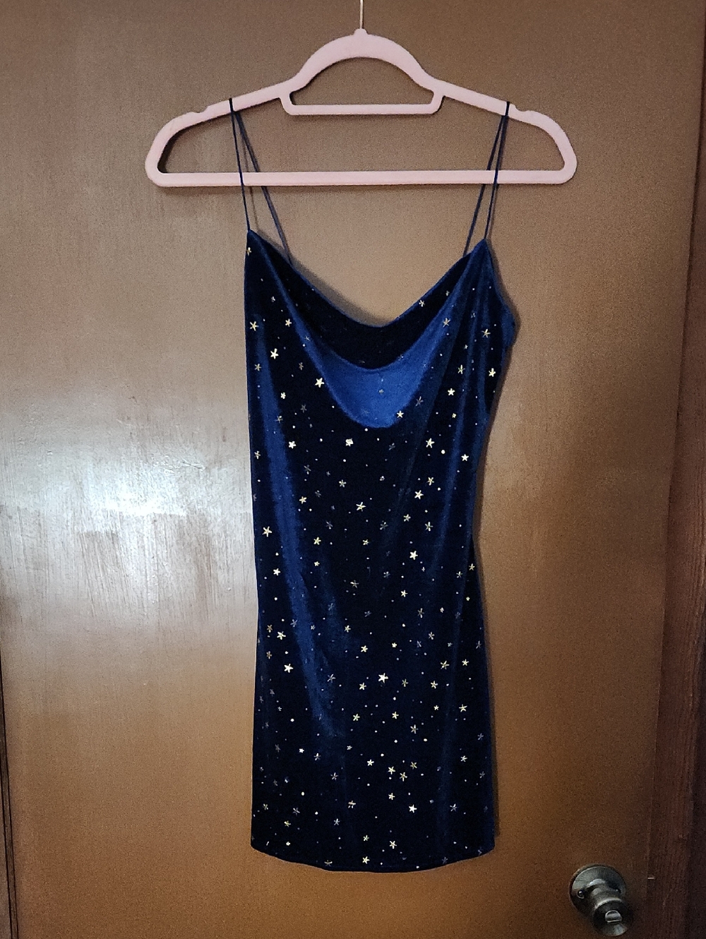 Zaful Navy Velvet Slip Dress with Gold Star Accents